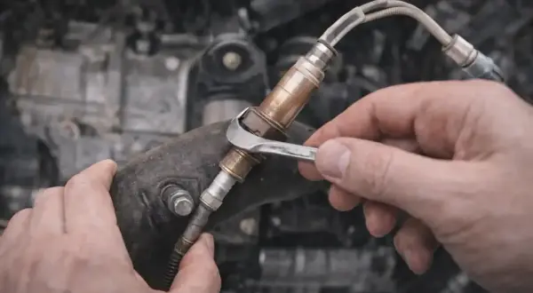 Main d'un mécanicien utilisant une clé pour retirer une sonde lambda rouillée. La reprogrammation de la sonde lambda est une étape cruciale pour optimiser les performances du moteur.