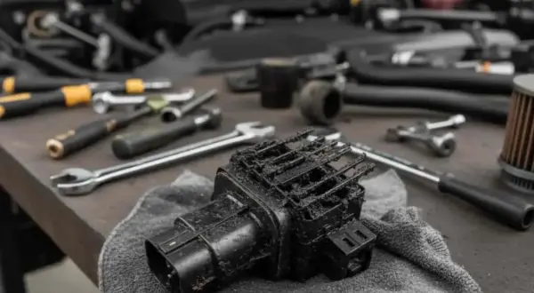 Un débitmètre d'air encrassé, un symptôme de problèmes moteur. Outils de mécanique en arrière-plan.