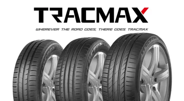 Trois pneus Tracmax sur fond blanc. Le logo Tracmax est visible en haut, avec le slogan "Wherever the road goes, there goes Tracmax".