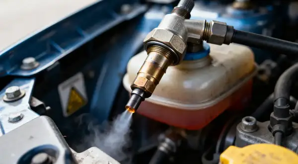 Gros plan sur un injecteur qui fuit, émettant de la vapeur sous le capot d'une voiture.