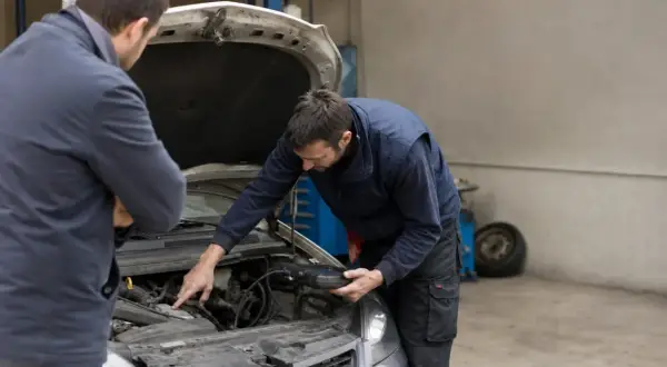 Mécanicien examinant un moteur de voiture avec un outil de diagnostic, tandis que le propriétaire écoute attentivement, espérant résoudre le bruit de ferraille quand il roule sur des bosses.