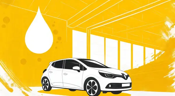 Une Clio 4 blanche est prête pour sa vidange. Une goutte d'huile stylisée flotte à côté, dans un décor jaune vif.