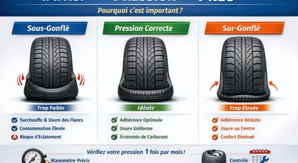 Illustration montrant les dangers d'un pneu sous-gonflé, sur-gonflé ou à pression correcte. Évitez les pneus qui causent surchauffe et usure des flancs.
