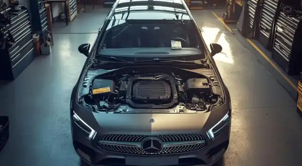 Capot ouvert d'une voiture moderne dans un atelier, symbole du fin des voitures thermiques.