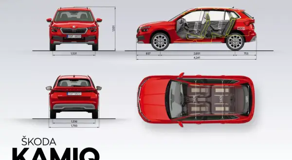Vue 3D du Skoda Kamiq rouge, montrant ses dimensions extérieures et intérieures. Le véhicule est vu de face, de côté, de dos et de dessus.