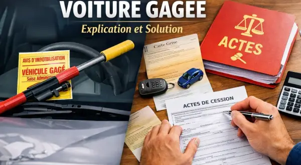 Comment savoir si une voiture est gagée : un volant avec un avis de véhicule gagé, une carte grise, des actes de cession et un livre rouge "Actes".