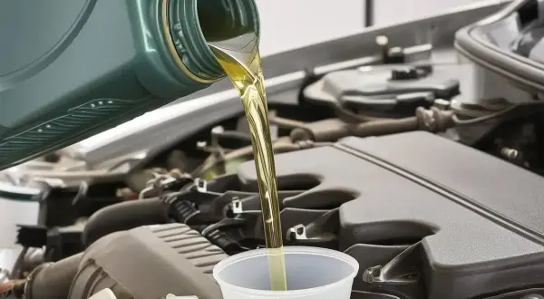 Huile neuve versée dans un entonnoir pour faire vidange voiture. Le moteur est visible en arrière-plan.