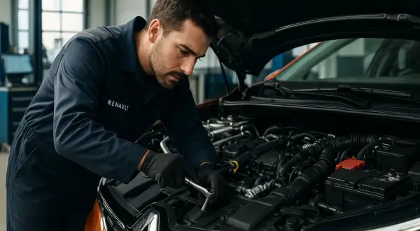 Mécanicien Renault concentré sur le moteur, assurant une révision parfaite. Le prix de la révision Renault est justifié par cette expertise.