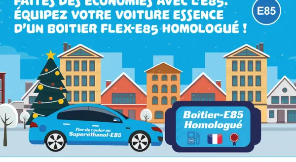 Voiture bleue avec un boîtier E85 homologué, pour faire des économies. Prise de rendez-vous chez un installateur agréé.