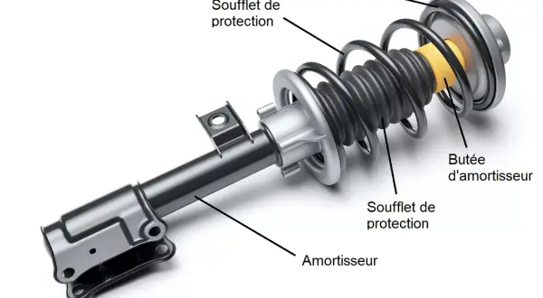 Amortisseur avec coupelle d'amortisseur, soufflet de protection et butée. Pièce mécanique essentielle pour le bon fonctionnement du véhicule.