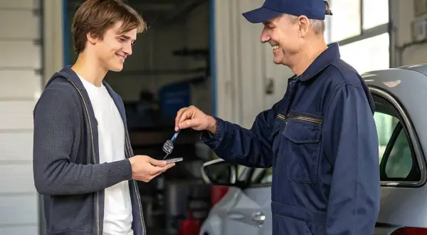 Un mécanicien souriant rend les clés de voiture à un jeune homme après la révision annuelle de sa voiture.
