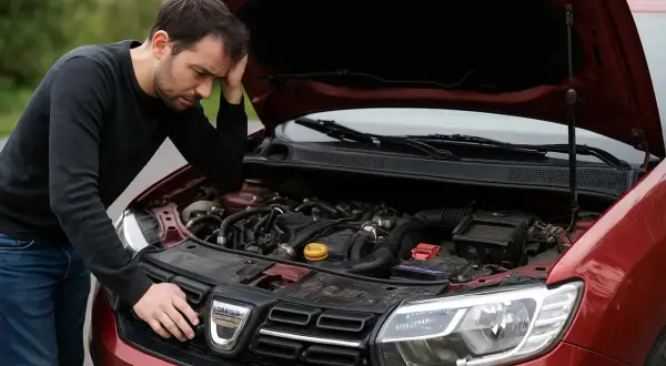 Homme inquiet devant le moteur ouvert d'une Dacia Sandero rouge, peut-être une panne ou une question sur sa consommation.
