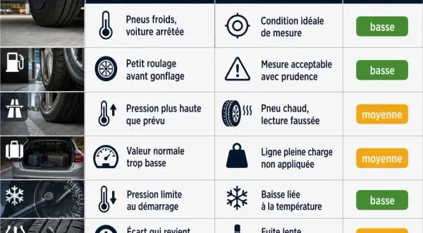 Tableau comparant les symptômes de pression des pneus, leurs causes probables et l'urgence, incluant la "pression des pneus à chaud" faussant la lecture.