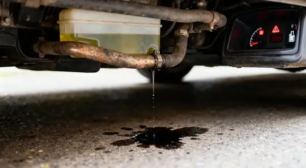 Gouttes de liquide de refroidissement tombent d'un tuyau sous une voiture, formant une flaque sombre sur l'asphalte. Le tableau de bord affiche un voyant d'alerte.