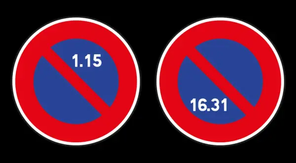 Panneaux de stationnement alterné : interdiction de stationner du 1er au 15 du mois d'un côté, et du 16 à la fin du mois de l'autre.