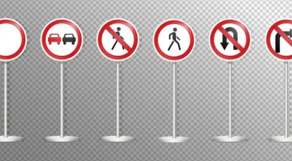 Panneaux de signalisation routière : interdiction de dépasser, piétons interdits, demi-tour interdit. Idéal pour apprendre à conduire une automatique.