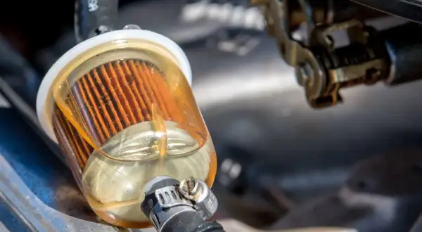 Filtre à gasoil transparent, montrant le carburant filtré. Un bon entretien est essentiel pour le changement filtre à gasoil prix.