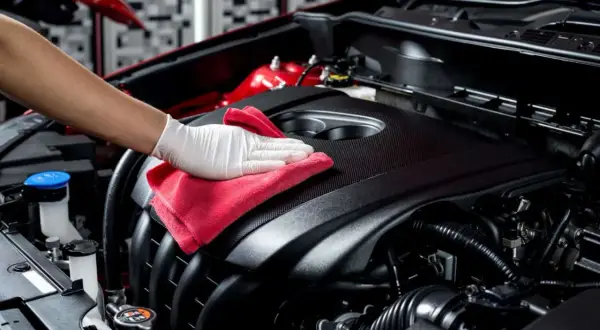 Main d'une personne portant un gant blanc, essuyant le capot du moteur d'une voiture avec un chiffon rouge pour nettoyer l'huile moteur.