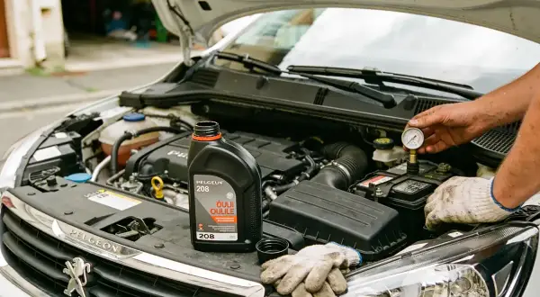 Vidange Peugeot 208 : une bouteille d'huile moteur et des gants sont posés sur le capot ouvert. Un manomètre est connecté à la batterie.