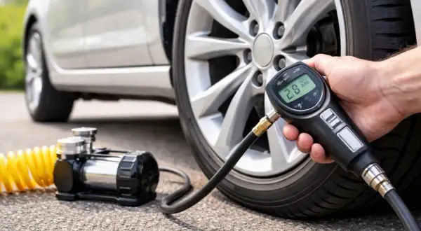 Vérification de la pression pneu Twingo 3 avec un manomètre numérique. Le pneu affiche 2.8 bars.