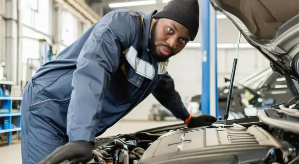 Mécanicien concentré sur le moteur d'une voiture. Il vérifie le niveau d'huile, une étape clé pour savoir combien de temps dure une vidange.