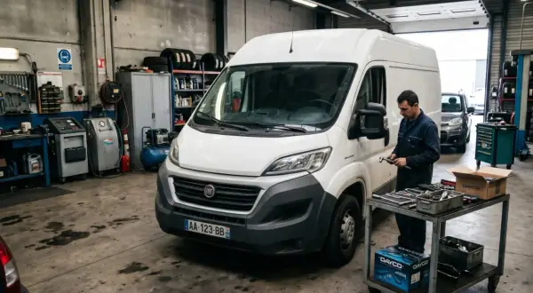 Mécanicien travaillant sur une courroie de distribution Fiat Ducato dans un garage. Outils et pièces à proximité.