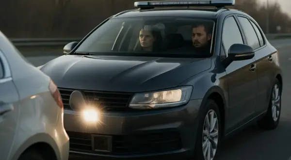 Voiture banalisée avec radar, flash avant activé. Deux policiers à bord, prêts à verbaliser.