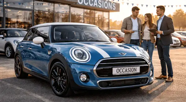 Couple discute avec un vendeur devant une Mini Cooper 1.5 136 cv, symbole de fiabilité.