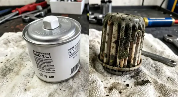 Comparaison d'un filtre à gasoil encrassé et d'un neuf. Le filtre usagé est couvert de saletés et de débris, tandis que le nouveau est propre et prêt à l'emploi.