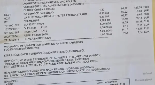 Relevé d'entretien pour une Dacia Sandero essence : changement de filtre à air, test des freins, huile moteur, filtre à huile, etc.