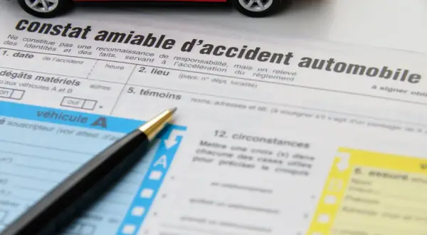 Un stylo et une voiture rouge sur un constat amiable à télécharger. Ce document sert à déclarer un accident automobile.