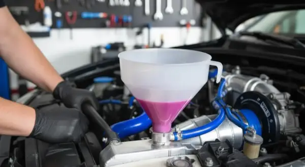 Maintenant, comment purger le liquide de refroidissement sans vis de purge. Un mécanicien verse du liquide rose dans un entonnoir connecté au radiateur.