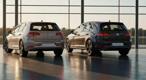 Deux Volkswagen Golf 7, une beige et une grise, vues de l'arrière. Comparaison subtile entre le Golf 7 phase 1 et phase 2.