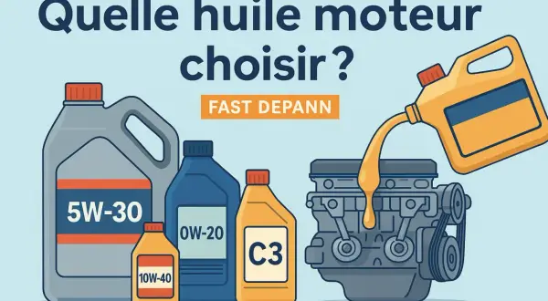Plusieurs bidons d'huile moteur essence (5W-30, 0W-20, 10W-40, C3) sont présentés, dont un verse de l'huile dans un moteur.