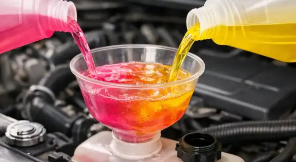 Mélange de liquide de refroidissement rose et jaune versé dans un entonnoir. Quel liquide de refroidissement rose pour quelle voiture ?