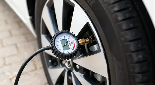 Manomètre mesurant la pression des pneus d'une Toyota Yaris. Le cadran affiche la mesure.