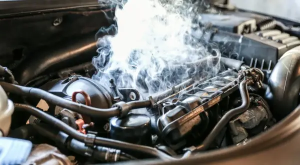 Fumée épaisse s'échappe d'un moteur de voiture, suggérant un bruit de cliquetis moteur diesel inquiétant.