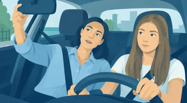 Une jeune femme apprend la conduite accompagnée à 14 ans, guidée par une monitrice attentive.