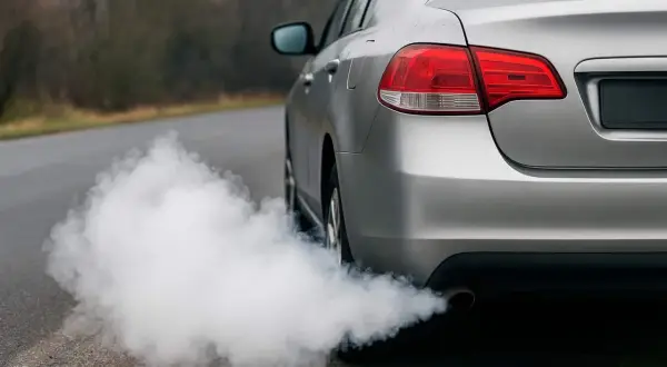 Nuage de fumée blanche sortant du pot d'échappement d'une voiture argentée. Ma voiture sent l'essence, problème mécanique ?
