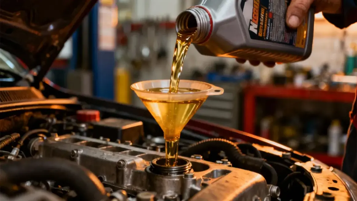 Un mécanicien verse de l'huile neuve dans le moteur d'une voiture, une étape essentielle pour la vidange d'huile moteur.