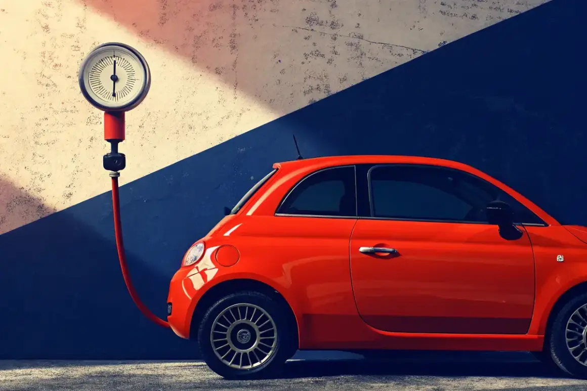 Manomètre de pression des pneus d'une Fiat 500 rouge, prêt à être gonflé.