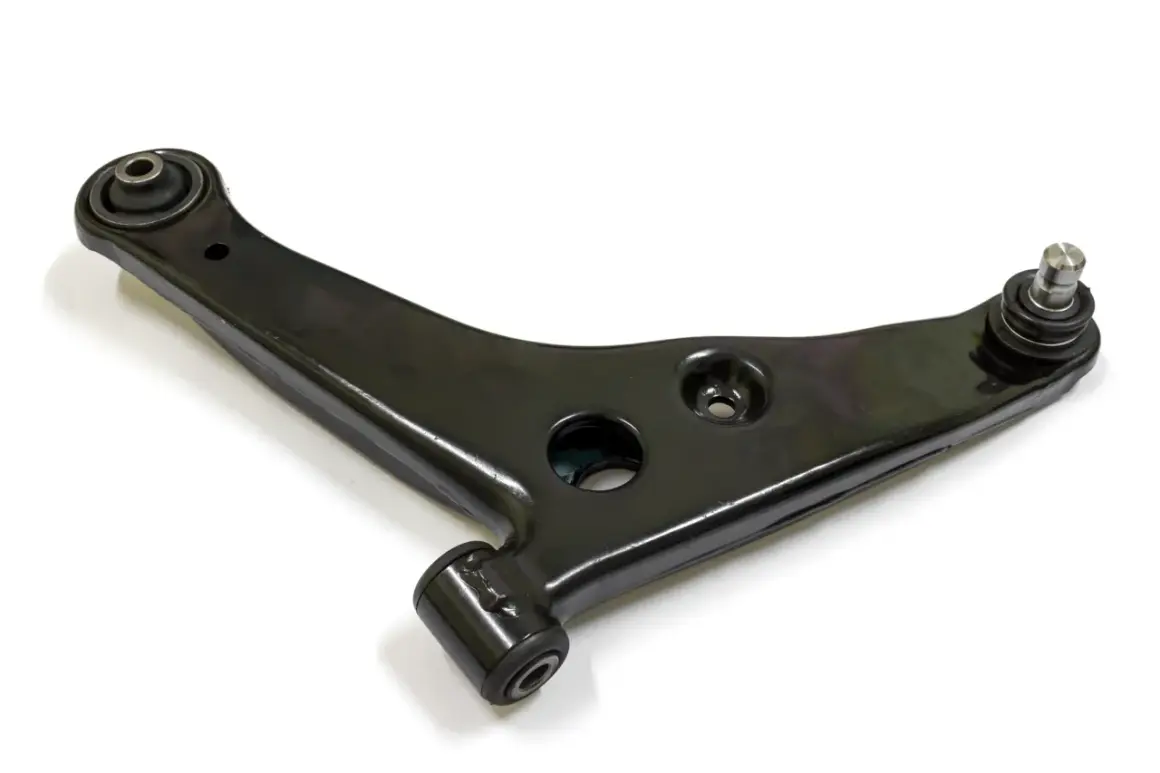 Bras de suspension noir, forme de triangle, avec un cylindre à une extrémité et une rotule à l'autre.
