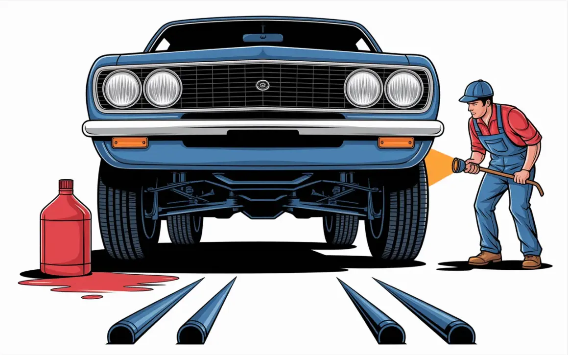 Mécanicien inspectant une fuite de joint spi sous une voiture bleue. Une bouteille rouge et du liquide renversé indiquent le problème.