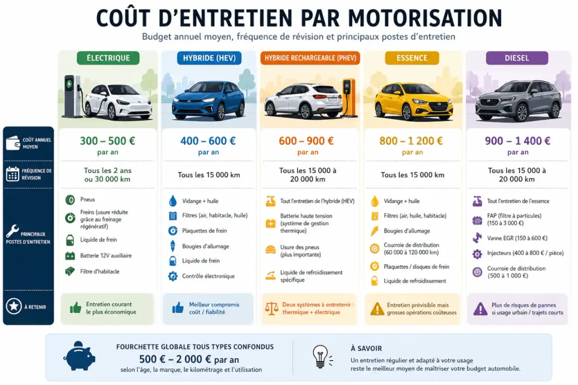 Coût d'entretien d'une voiture essence : 800-1200€/an. Vidange, filtres, bougies, courroie de distribution sont les principaux postes.