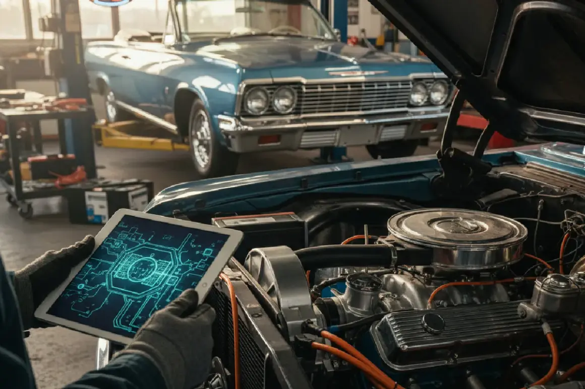 Un mécanicien utilise une tablette pour diagnostiquer une voiture classique, une prime reprise voiture plus de 10 ans.
