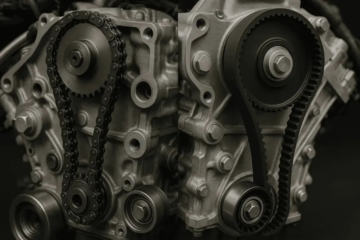 Comparaison d'un moteur de Golf 7 : chaîne de distribution à gauche, courroie de distribution à droite.