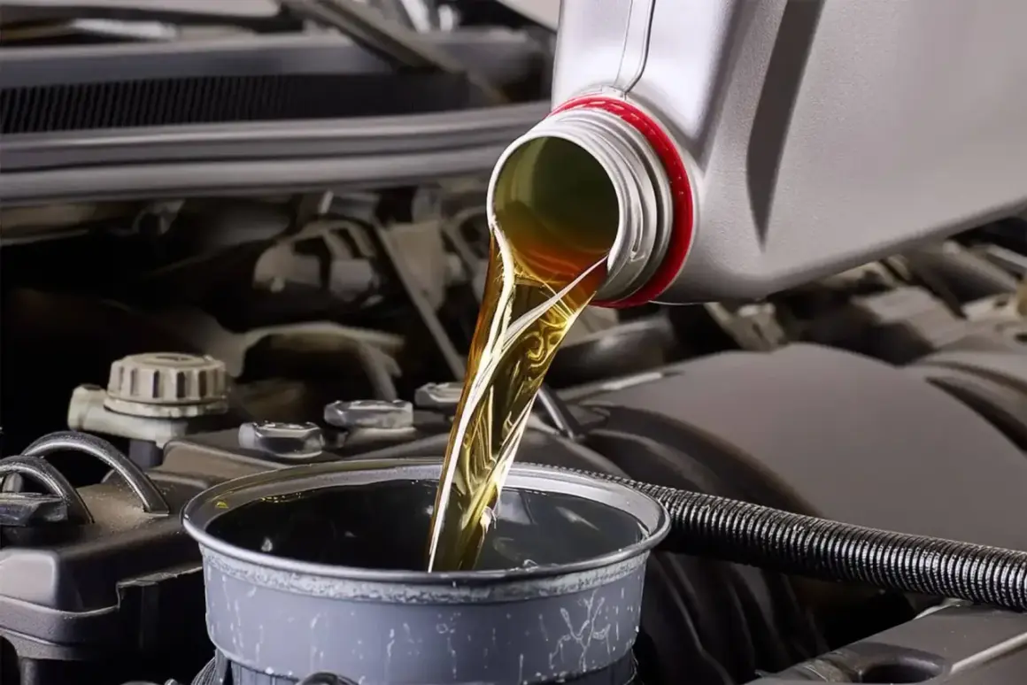 Huile moteur versée dans un entonnoir, étape clé avant la vidange par aspiration. Le moteur de la voiture est visible en arrière-plan.