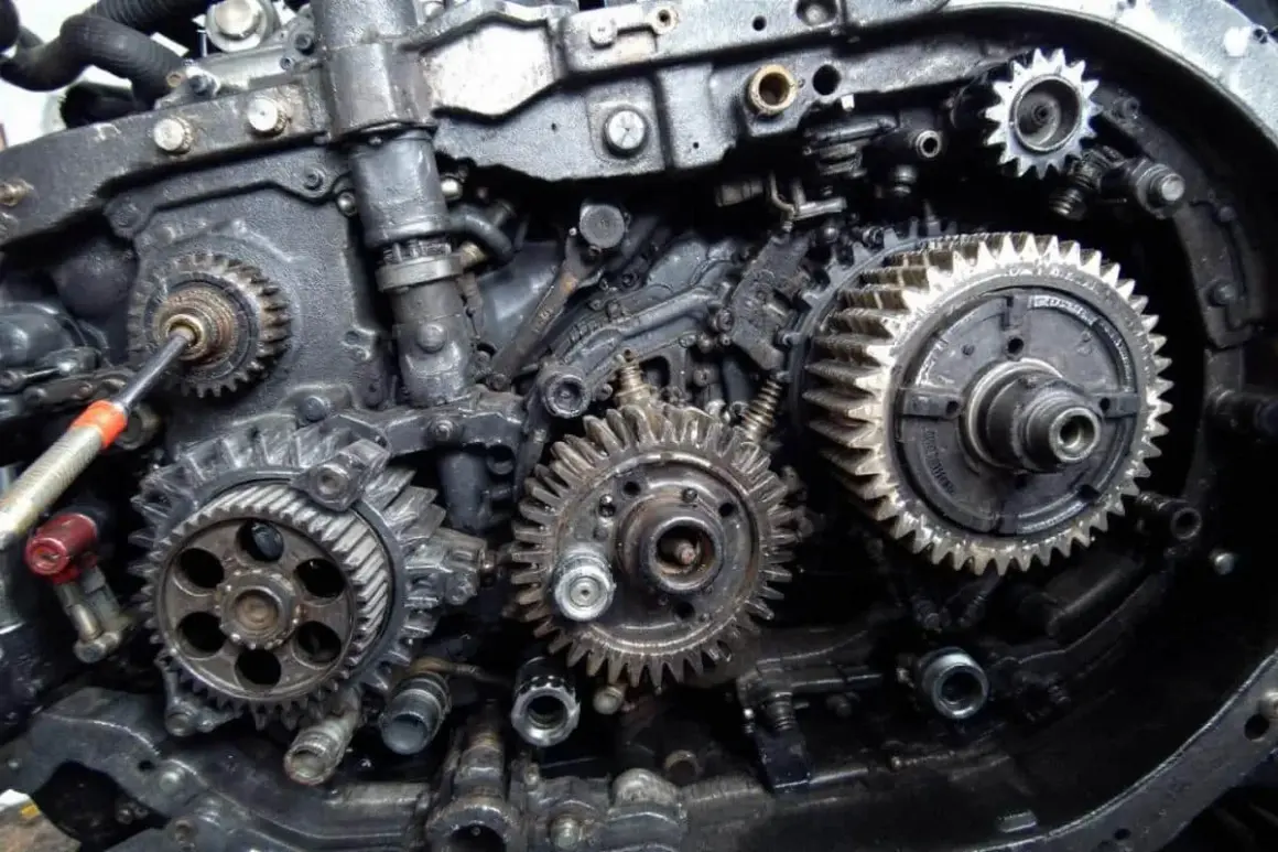Mécanisme complexe de boîte de vitesses, engrenages en métal huilés. Un bruit de roulement de boite de vitesse pourrait émaner de ce système.