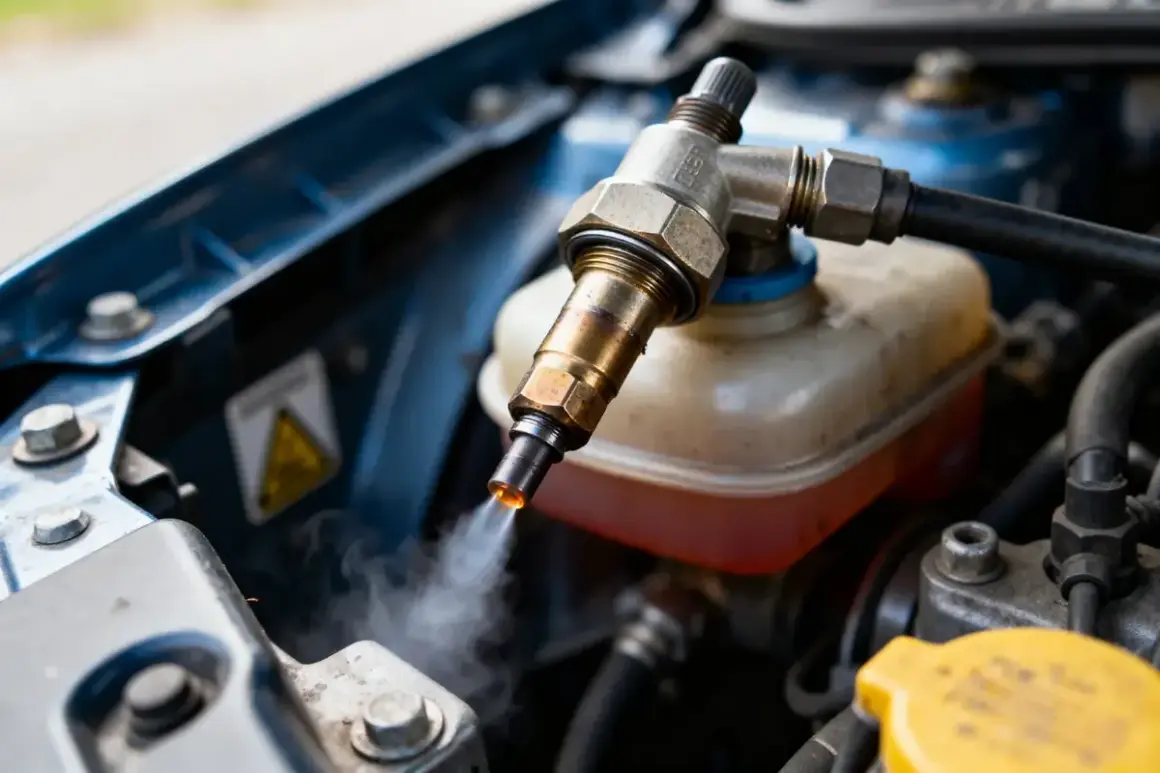 Gros plan sur un injecteur qui fuit, émettant de la vapeur sous le capot d'une voiture.