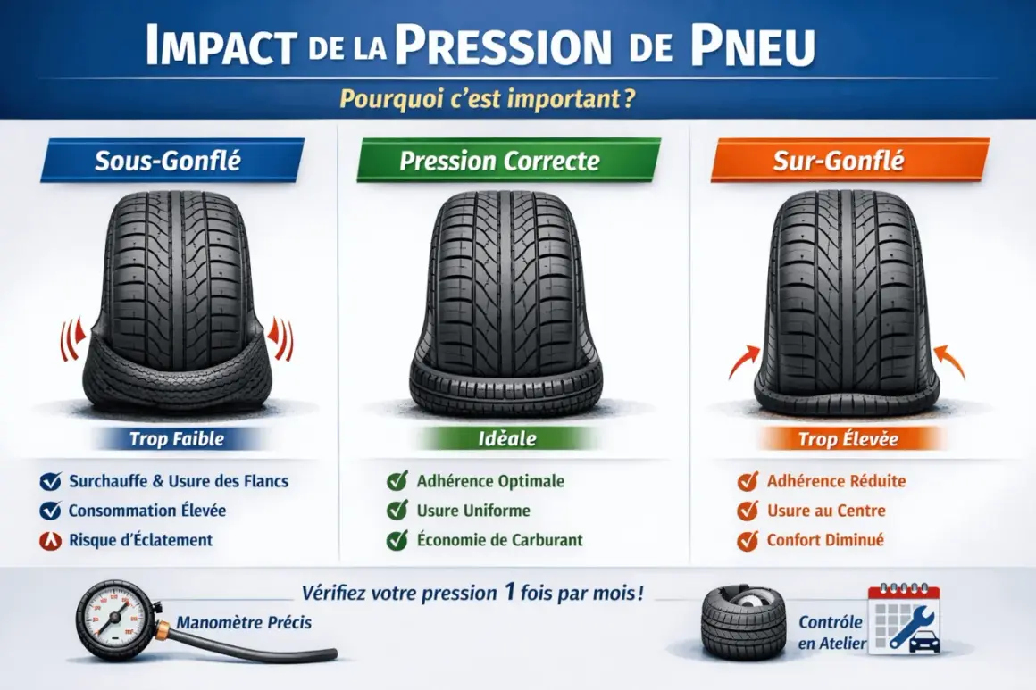 Illustration montrant les dangers d'un pneu sous-gonflé, sur-gonflé ou à pression correcte. Évitez les pneus qui causent surchauffe et usure des flancs.